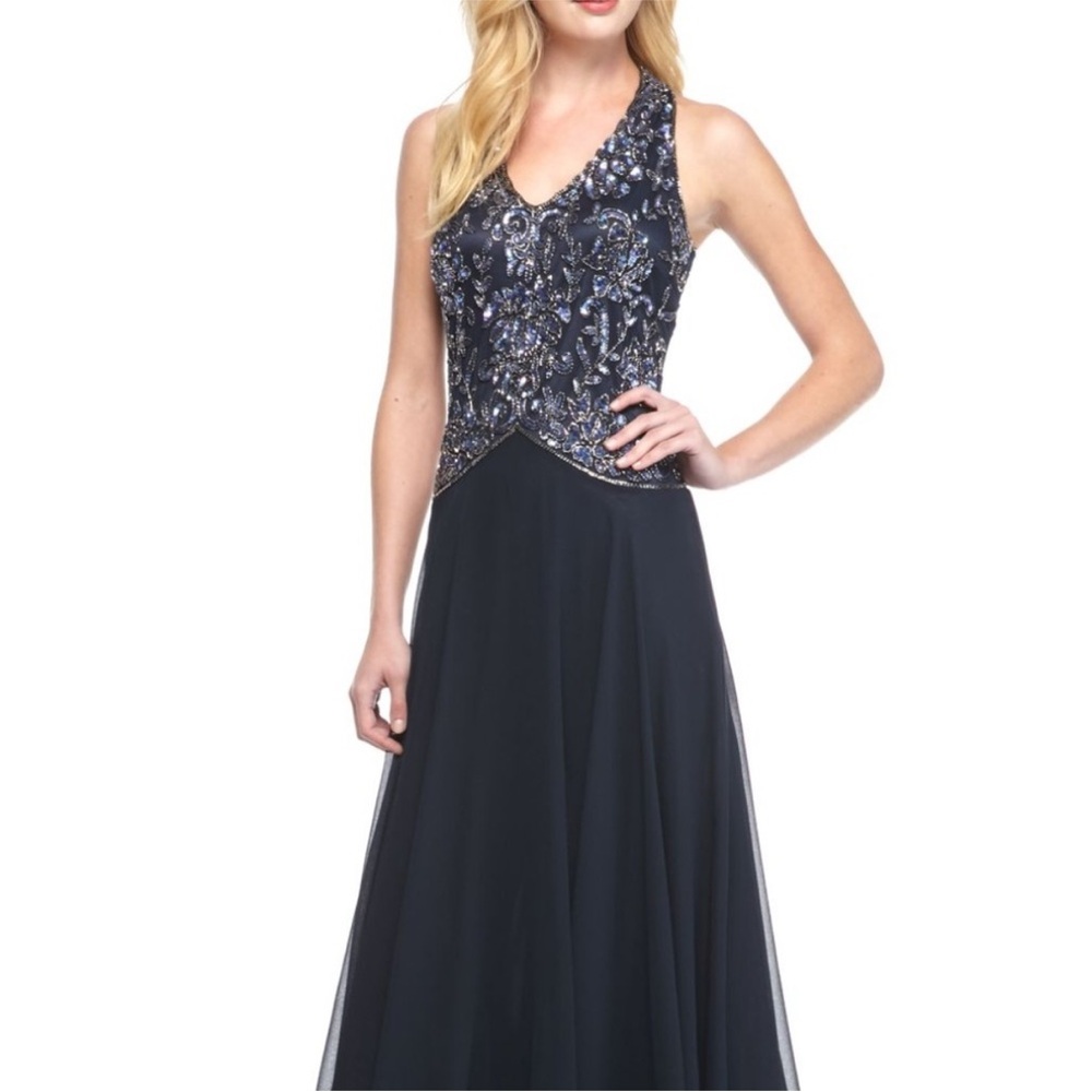 NWT—J Kara Sleeveless Beaded Halter Gown | Navy/Royal
